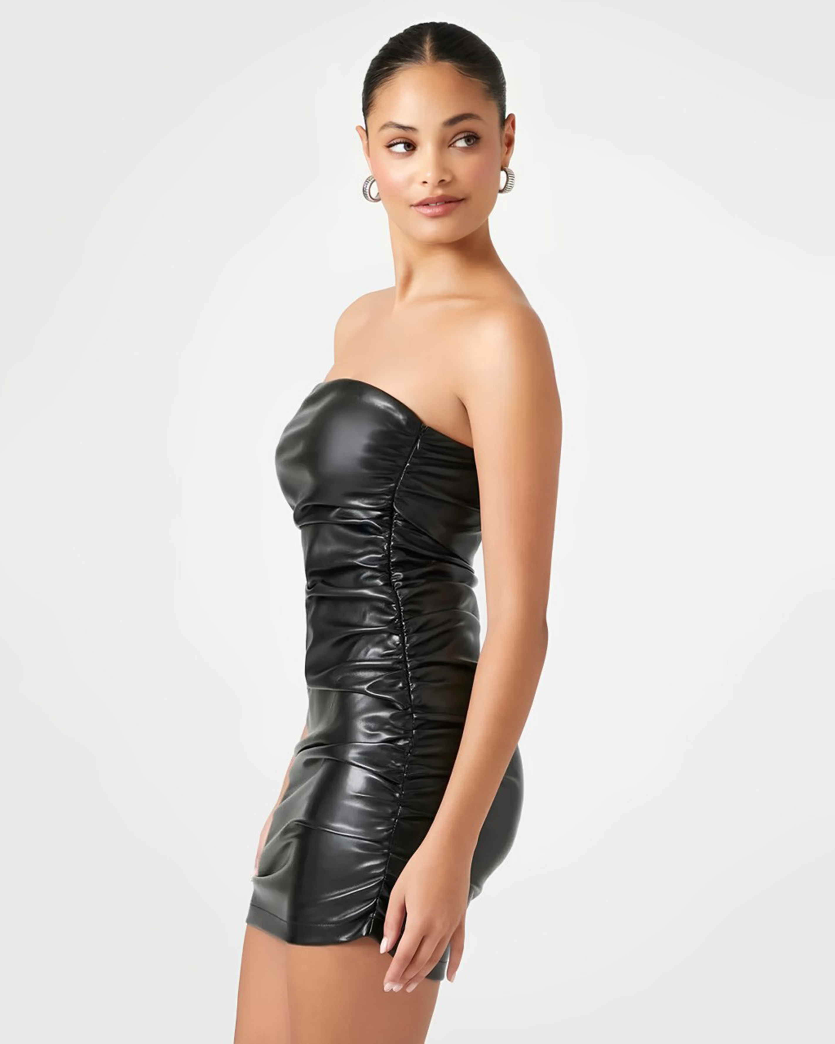 Midnight Glow Strapless Leather Mini Dress